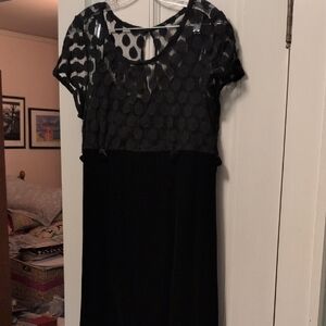 dressbarn Black Midi Dress with Sheer Polka Dot Overlay Size 14